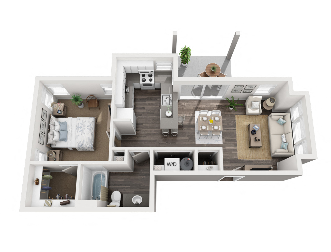 Floor plan for 1 bed, 1 bath, 727 sqft